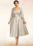 Cassidy A-Line V-neck Tea-Length Satin Mother of the Bride Dress With Ruffle STI126P0014598