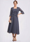 Abbigail A-Line Square Neckline Tea-Length Chiffon Lace Mother of the Bride Dress With Beading STI126P0014601