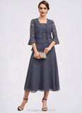 Abbigail A-Line Square Neckline Tea-Length Chiffon Lace Mother of the Bride Dress With Beading STI126P0014601