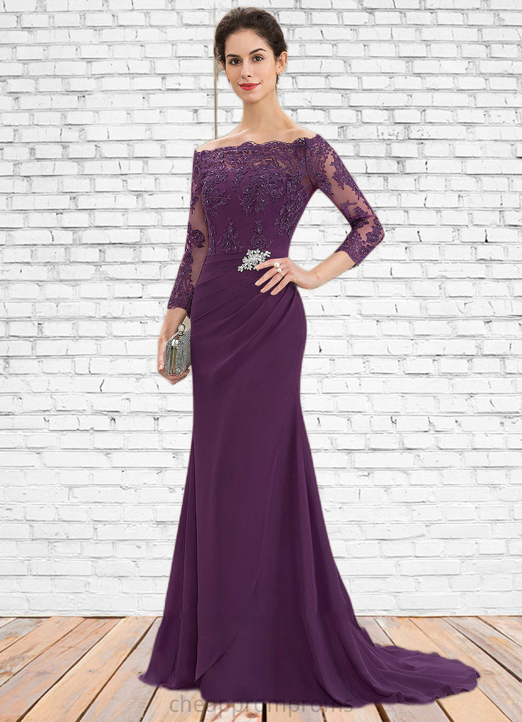 Paisley Trumpet/Mermaid Off-the-Shoulder Sweep Train Chiffon Lace Mother of the Bride Dress With Beading Sequins STI126P0014604