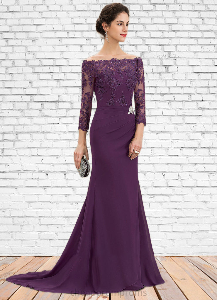 Paisley Trumpet/Mermaid Off-the-Shoulder Sweep Train Chiffon Lace Mother of the Bride Dress With Beading Sequins STI126P0014604