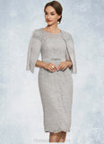 Evangeline Sheath/Column Scoop Neck Knee-Length Chiffon Lace Mother of the Bride Dress With Beading STI126P0014605