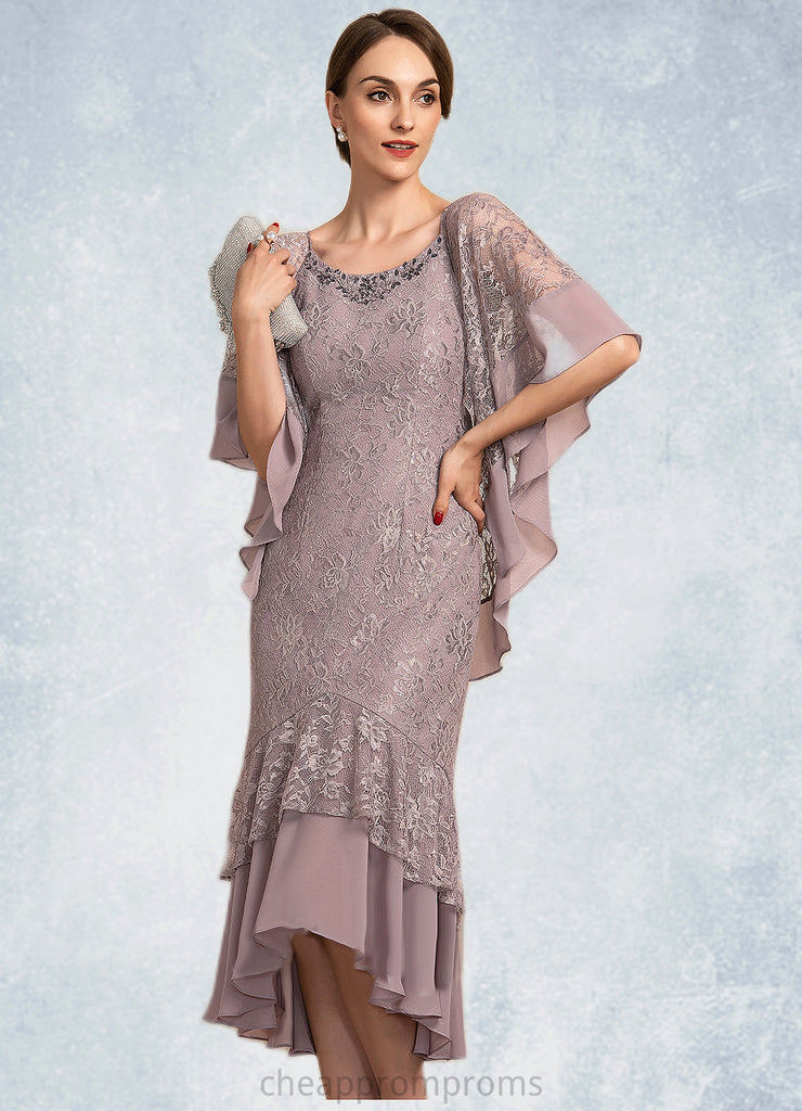 Ryann Trumpet/Mermaid Scoop Neck Asymmetrical Chiffon Lace Mother of the Bride Dress With Beading Sequins STI126P0014606
