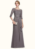 Haylee A-Line Scoop Neck Floor-Length Chiffon Lace Mother of the Bride Dress With Cascading Ruffles STI126P0014608