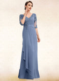Aurora A-Line V-neck Floor-Length Chiffon Lace Mother of the Bride Dress With Cascading Ruffles STI126P0014609