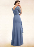 Aurora A-Line V-neck Floor-Length Chiffon Lace Mother of the Bride Dress With Cascading Ruffles STI126P0014609