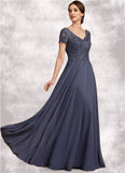 Josephine A-line V-Neck Floor-Length Chiffon Lace Mother of the Bride Dress With Beading Sequins STI126P0014614