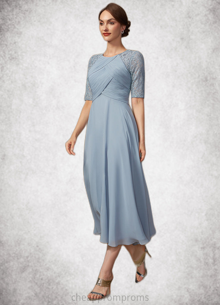 Madeline A-Line Scoop Neck Tea-Length Chiffon Lace Mother of the Bride Dress With Ruffle STI126P0014616