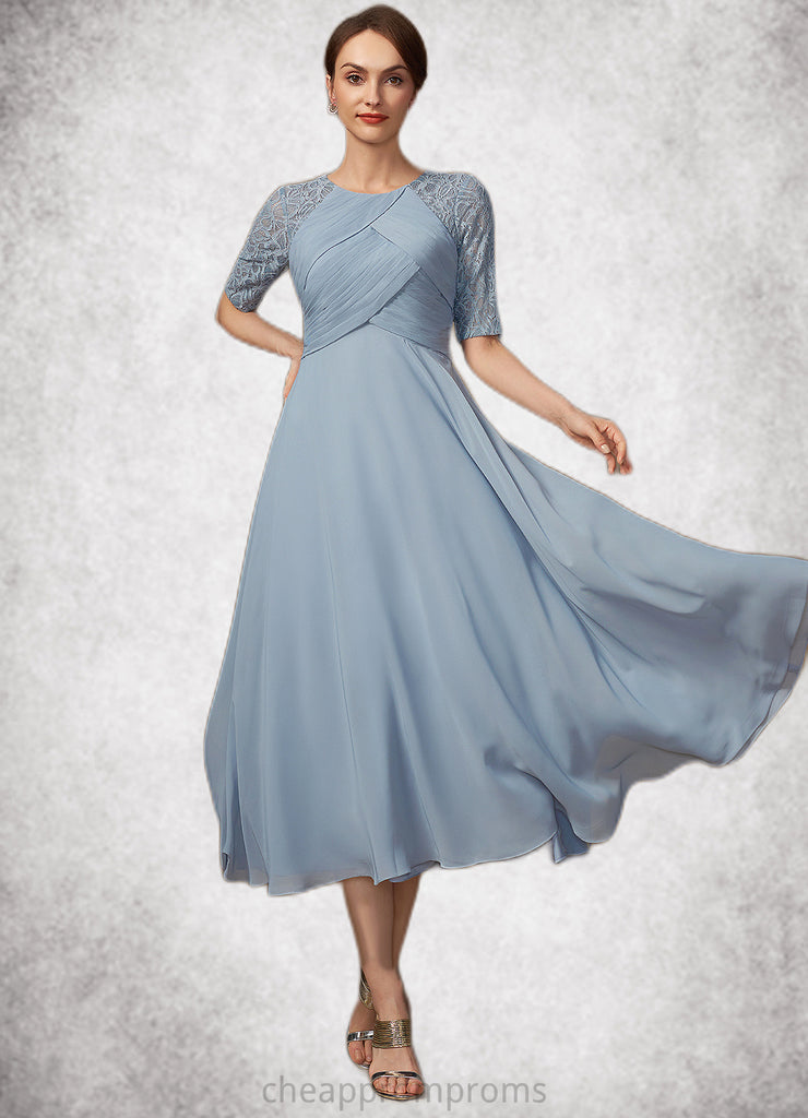 Madeline A-Line Scoop Neck Tea-Length Chiffon Lace Mother of the Bride Dress With Ruffle STI126P0014616