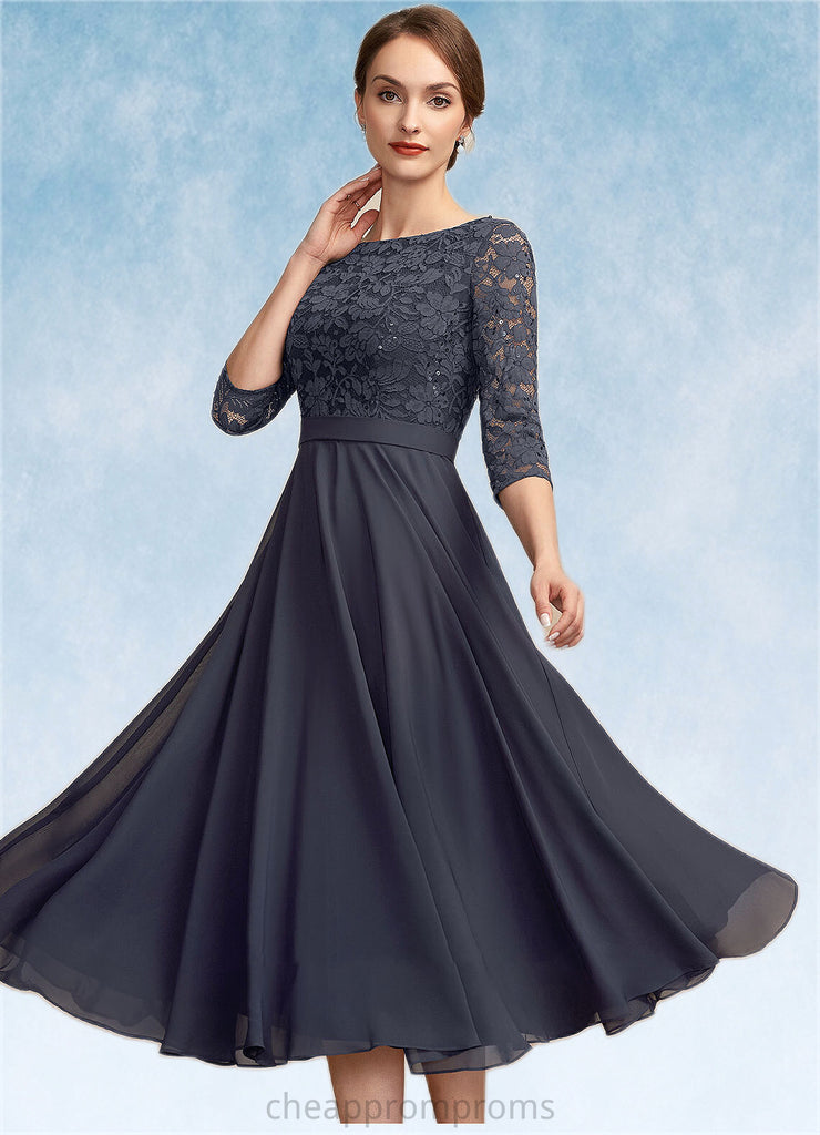 Shea A-Line Scoop Neck Tea-Length Chiffon Lace Mother of the Bride Dress With Sequins STI126P0014621