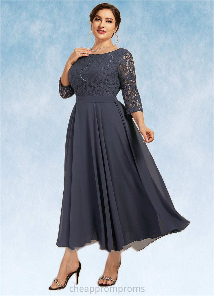 Shea A-Line Scoop Neck Tea-Length Chiffon Lace Mother of the Bride Dress With Sequins STI126P0014621