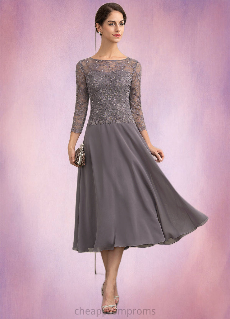 Vanessa A-Line Scoop Neck Tea-Length Chiffon Lace Mother of the Bride Dress With Sequins STI126P0014622