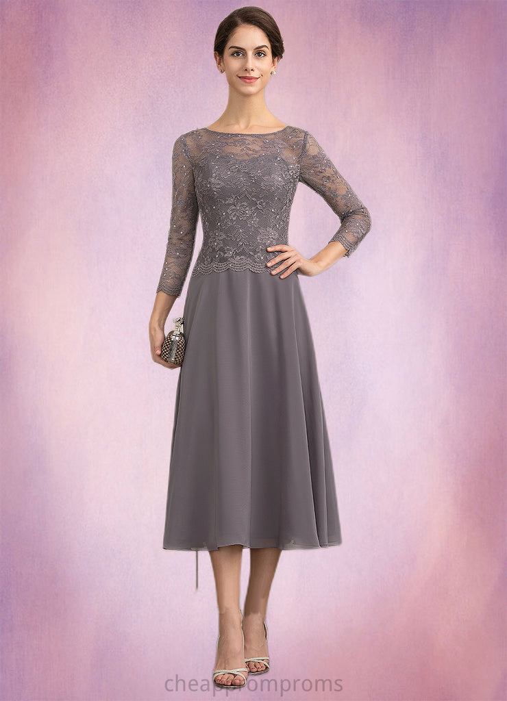 Vanessa A-Line Scoop Neck Tea-Length Chiffon Lace Mother of the Bride Dress With Sequins STI126P0014622