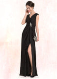 Kaleigh A-Line V-neck Floor-Length Chiffon Mother of the Bride Dress With Beading Split Front Cascading Ruffles STI126P0014623