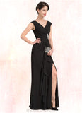 Kaleigh A-Line V-neck Floor-Length Chiffon Mother of the Bride Dress With Beading Split Front Cascading Ruffles STI126P0014623