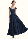 Emilia A-line V-Neck Ankle-Length Chiffon Lace Mother of the Bride Dress With Sequins STI126P0014637
