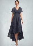 Kennedy A-Line V-neck Asymmetrical Chiffon Lace Mother of the Bride Dress With Ruffle STI126P0014638