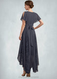 Kennedy A-Line V-neck Asymmetrical Chiffon Lace Mother of the Bride Dress With Ruffle STI126P0014638