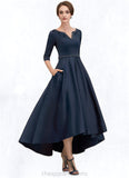 Kelsie A-Line V-neck Asymmetrical Satin Mother of the Bride Dress With Beading Sequins Pockets STI126P0014641