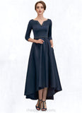 Kelsie A-Line V-neck Asymmetrical Satin Mother of the Bride Dress With Beading Sequins Pockets STI126P0014641