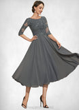 Kaydence A-Line Scoop Neck Tea-Length Chiffon Lace Mother of the Bride Dress With Sequins STI126P0014642