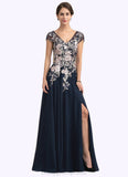 Virginia A-Line V-neck Floor-Length Chiffon Lace Mother of the Bride Dress With Split Front STI126P0014649