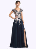 Virginia A-Line V-neck Floor-Length Chiffon Lace Mother of the Bride Dress With Split Front STI126P0014649