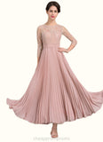 Alessandra A-Line Scoop Neck Ankle-Length Chiffon Lace Mother of the Bride Dress With Pleated STI126P0014651