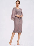 Gill Sheath/Column Square Neckline Knee-Length Chiffon Lace Mother of the Bride Dress With Sequins STI126P0014653