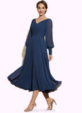 Kaylen A-Line V-neck Tea-Length Chiffon Mother of the Bride Dress With Ruffle STI126P0014669