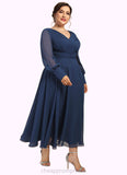 Kaylen A-Line V-neck Tea-Length Chiffon Mother of the Bride Dress With Ruffle STI126P0014669