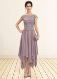 Melina A-Line Scoop Neck Ankle-Length Chiffon Lace Mother of the Bride Dress With Cascading Ruffles STI126P0014673