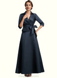 Adrienne A-Line V-neck Ankle-Length Satin Mother of the Bride Dress With Bow(s) STI126P0014683