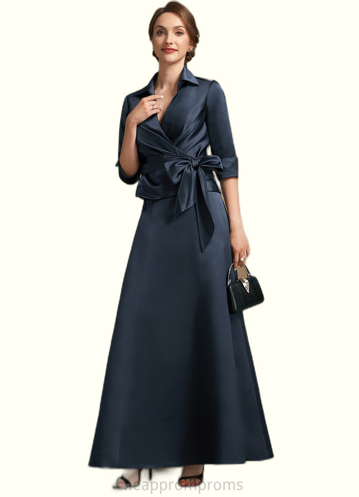 Adrienne A-Line V-neck Ankle-Length Satin Mother of the Bride Dress With Bow(s) STI126P0014683