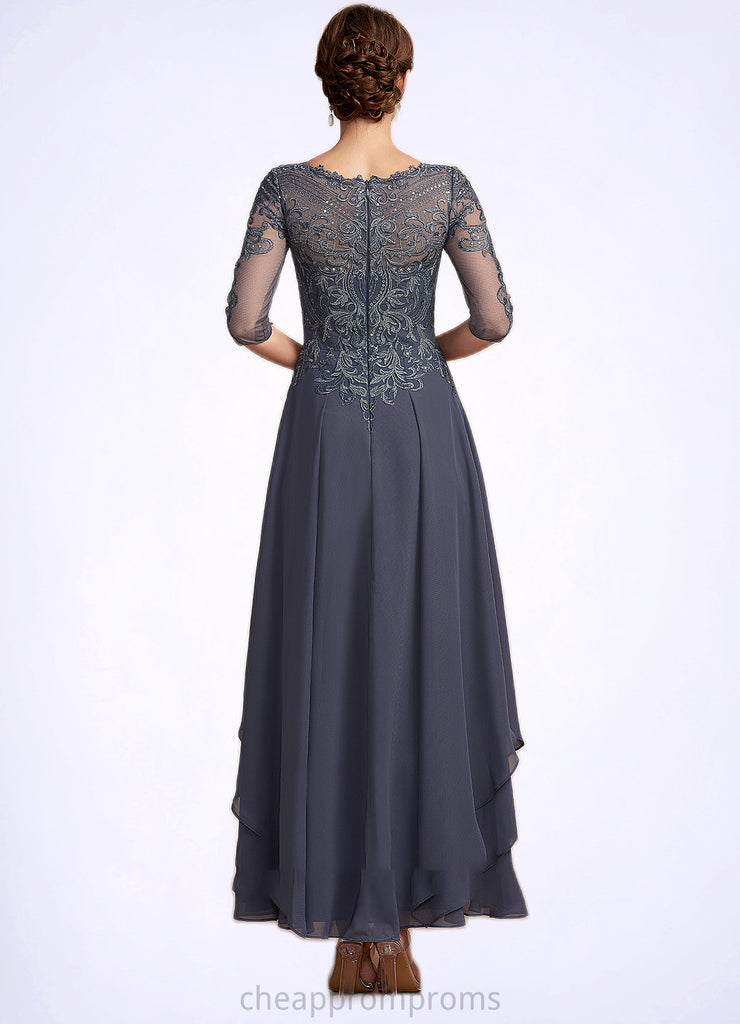 Aubrie A-Line Scoop Neck Ankle-Length Chiffon Lace Mother of the Bride Dress With Cascading Ruffles STI126P0014698