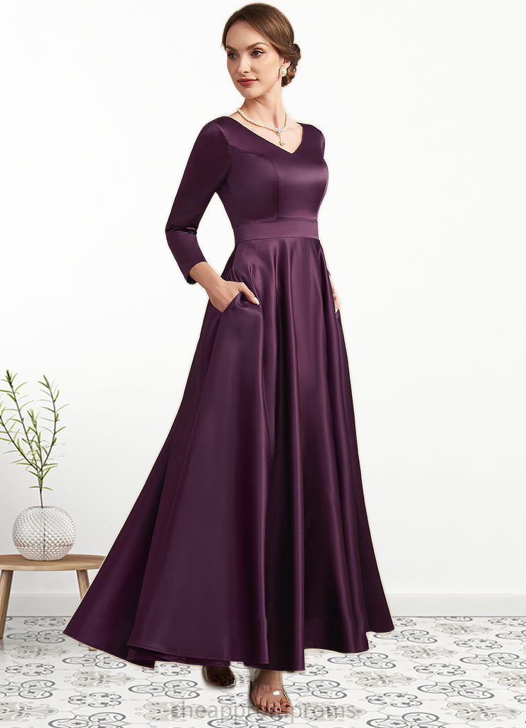 Genesis A-Line V-neck Ankle-Length Satin Mother of the Bride Dress With Pockets STI126P0014720