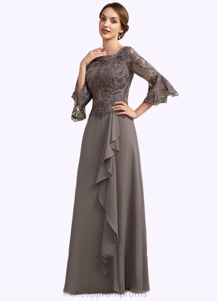 Everly A-Line Scoop Neck Floor-Length Chiffon Lace Mother of the Bride Dress With Beading Cascading Ruffles STI126P0014797