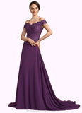 Athena A-Line Off-the-Shoulder Sweep Train Chiffon Lace Mother of the Bride Dress With Beading Sequins STI126P0014801