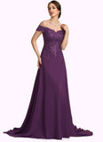 Athena A-Line Off-the-Shoulder Sweep Train Chiffon Lace Mother of the Bride Dress With Beading Sequins STI126P0014801