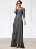 Arielle A-Line V-neck Asymmetrical Chiffon Lace Mother of the Bride Dress With Sequins STI126P0014803