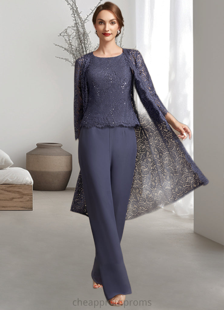 Hanna Jumpsuit/Pantsuit Scoop Neck Floor-Length Chiffon Lace Mother of the Bride Dress With Sequins STI126P0014805