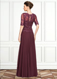 Violet A-Line Scoop Neck Floor-Length Chiffon Lace Mother of the Bride Dress With Beading Sequins STI126P0014810