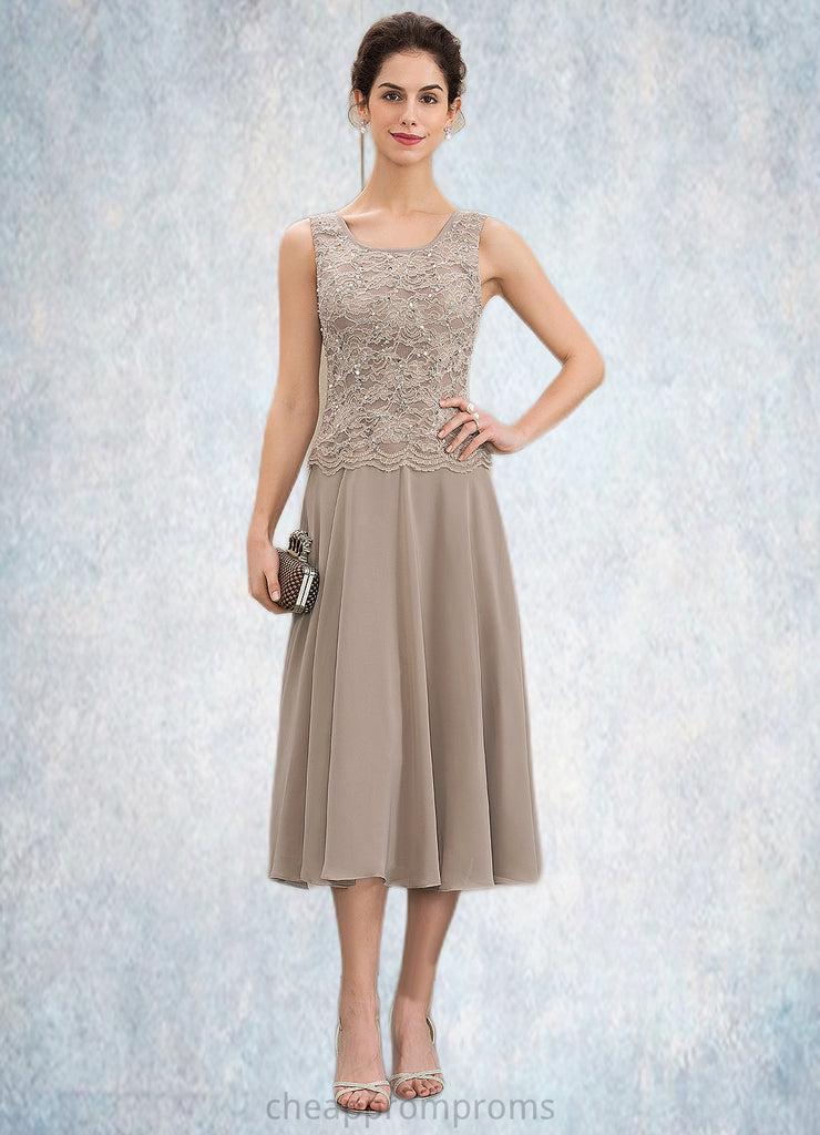 Shyanne A-Line Scoop Neck Tea-Length Chiffon Lace Mother of the Bride Dress With Sequins STI126P0014816