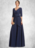 Zara A-Line V-neck Floor-Length Stretch Crepe Mother of the Bride Dress With Bow(s) STI126P0014831