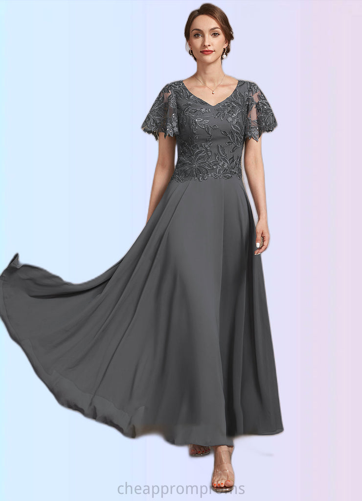 Jocelynn A-Line V-neck Ankle-Length Chiffon Lace Mother of the Bride Dress With Sequins STI126P0014838