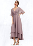 Brooklyn A-Line V-neck Asymmetrical Chiffon Mother of the Bride Dress With Ruffle Lace Beading STI126P0014839