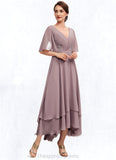 Brooklyn A-Line V-neck Asymmetrical Chiffon Mother of the Bride Dress With Ruffle Lace Beading STI126P0014839