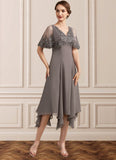 Areli A-Line V-neck Tea-Length Chiffon Lace Mother of the Bride Dress With Beading Sequins STI126P0014852