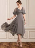Areli A-Line V-neck Tea-Length Chiffon Lace Mother of the Bride Dress With Beading Sequins STI126P0014852