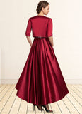 Kelsey A-Line Scoop Neck Asymmetrical Satin Lace Mother of the Bride Dress With Ruffle Sequins Pockets STI126P0014853